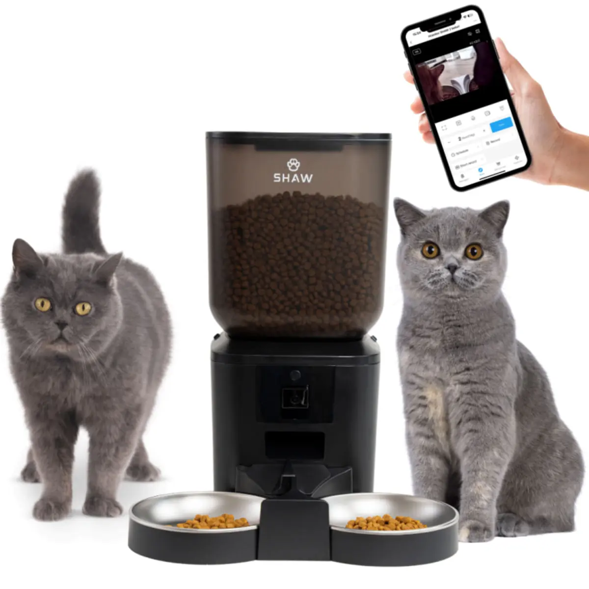 SHAW Smart, hranitor automat caini, 2 boluri rotunde, programabil, aplicatie mobila, PVC SHAW Smart, hranitor automat caini si pisici, 2 boluri rotunde, programabil, aplicatie mobila, PVC, negru, XS-S(7l)