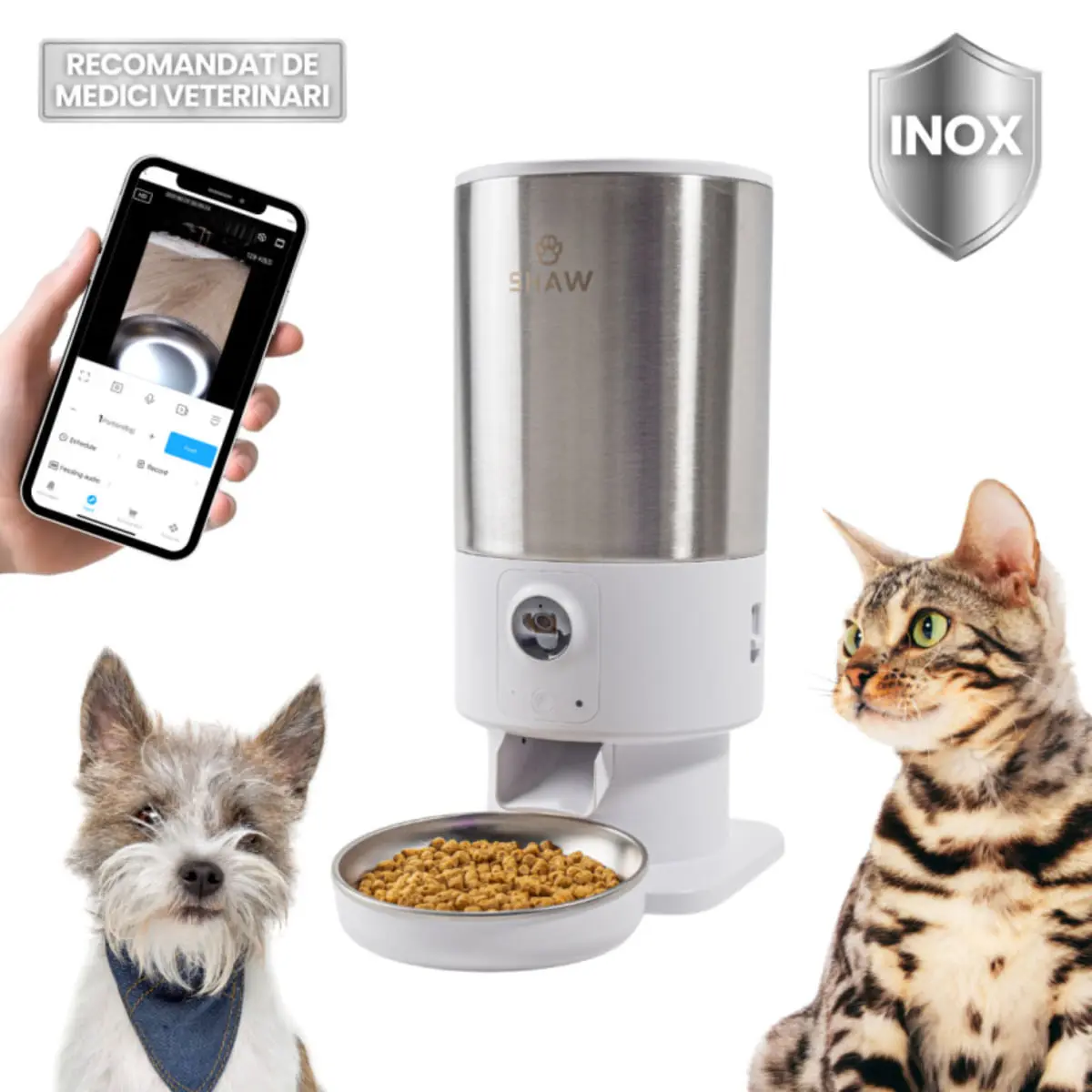 SHAW Smart PRO V3, hranitor automat caini, 1 bol rotund, programabil, aplicatie mobila, PVC SHAW Smart PRO V3, hranitor automat caini si pisici, 1 bol rotund, programabil, aplicatie mobila, PVC, alb, XS-S(5l)