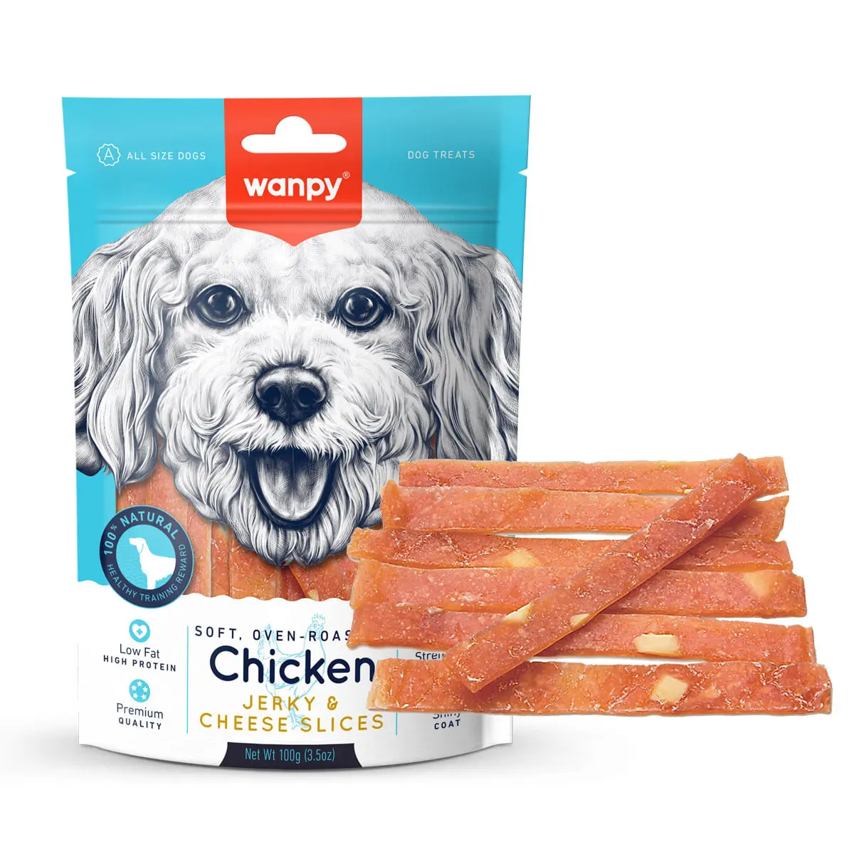 WANPY Jerky & Cheese Slices, XS-M, Pui si Branza, punguta recompense c��ini (carne uscata), 70g WANPY Jerky & Cheese Slices, XS-M, Pui si Branza, punguta recompense caini, (carne uscata), 70g