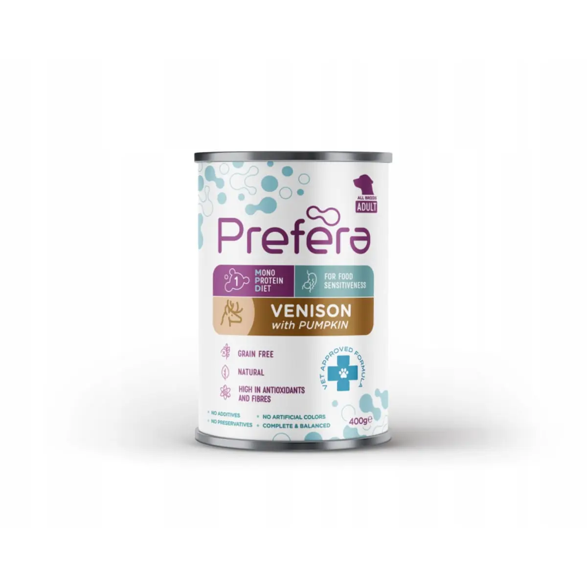 PREFERA MPD, XS-XL, Caprioara si dovleac, dieta veterinara, conserv�� hrana umeda monoproteica fara cereale caini, (in suc propriu), 400g